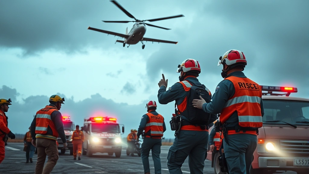 Search and rescue team coordinating emergency response with aircraft overhead, realistic outdoor scenario with emergency vehicles and personnel, dramatic rescue operation scene