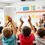 Elementary students raising hands enthusiastically in bright, organized classroom with colorful bulletin boards and engaged teacher smiling