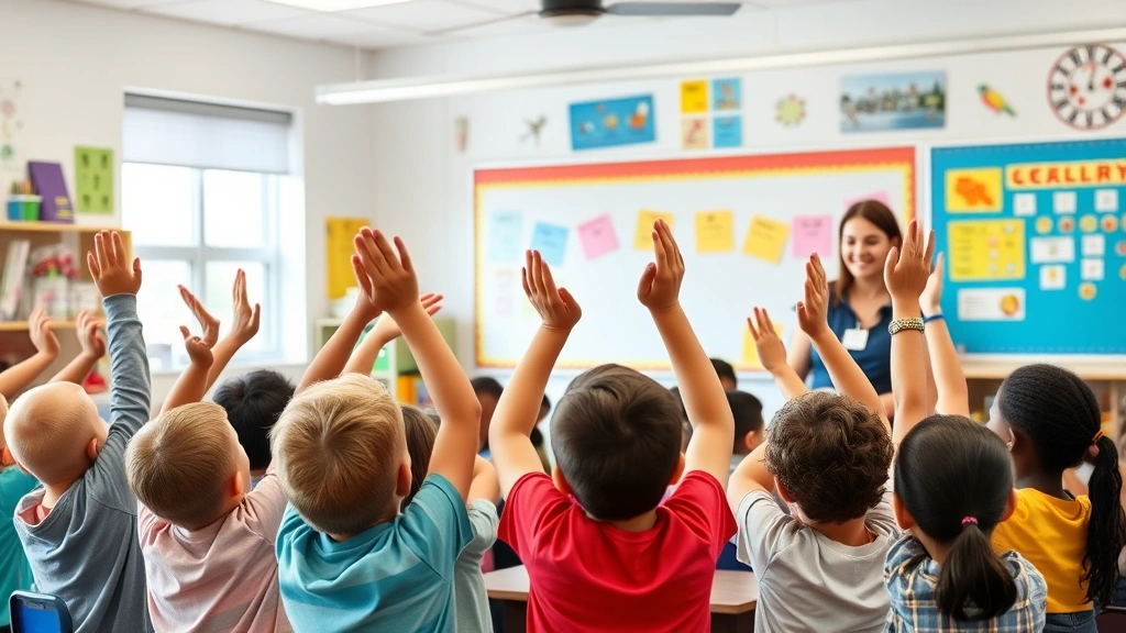 Elementary students raising hands enthusiastically in bright, organized classroom with colorful bulletin boards and engaged teacher smiling