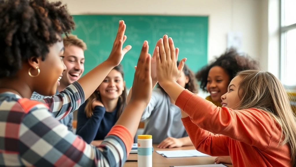 Close-up of diverse students celebrating achievement with high-fives and excited expressions during collaborative classroom activity