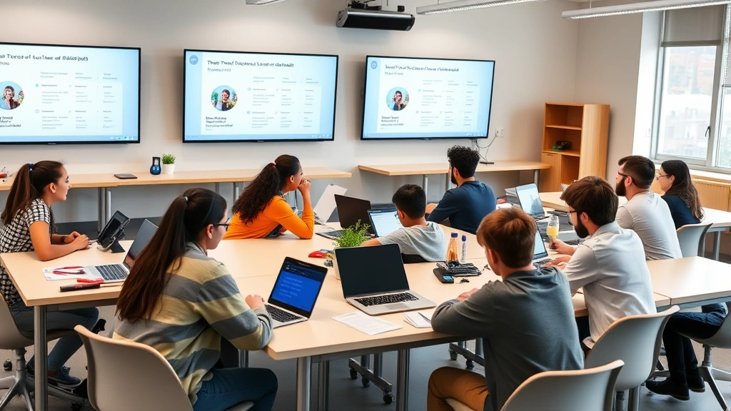 Modern classroom with students collaborating at tables, digital displays showing progress leaderboards, positive energy and engagement visible