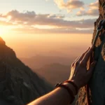 A player character gripping a rocky mountainside at sunset, hands firmly planted on textured stone, dramatic lighting highlighting the climb, expansive valley visible below, photorealistic climbing gear, no UI elements