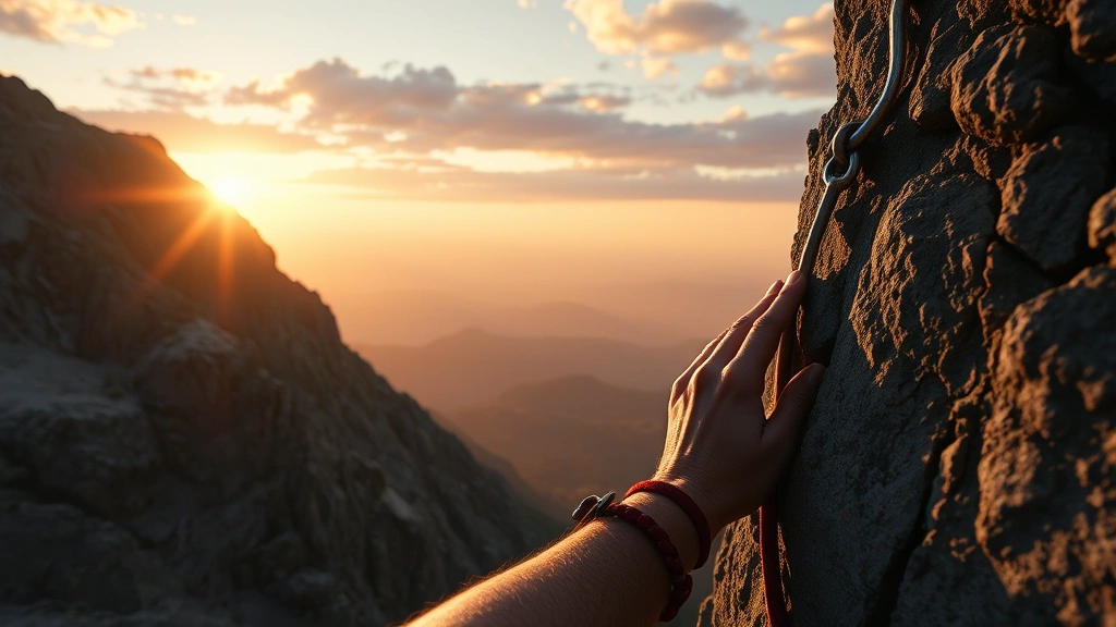 A player character gripping a rocky mountainside at sunset, hands firmly planted on textured stone, dramatic lighting highlighting the climb, expansive valley visible below, photorealistic climbing gear, no UI elements