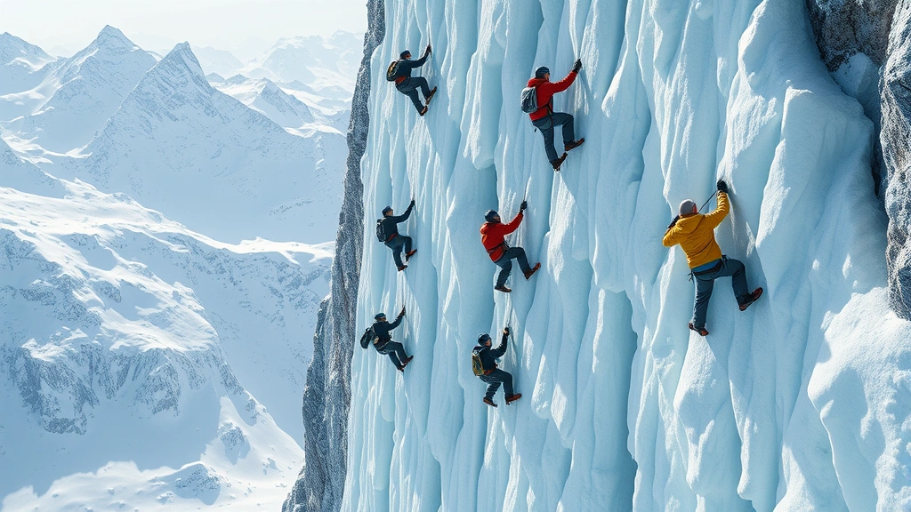 Multiple players racing up a vertical ice wall structure simultaneously, competitive climbing moment, dynamic action poses, winter mountain environment with snow-covered peaks, photorealistic textures and lighting