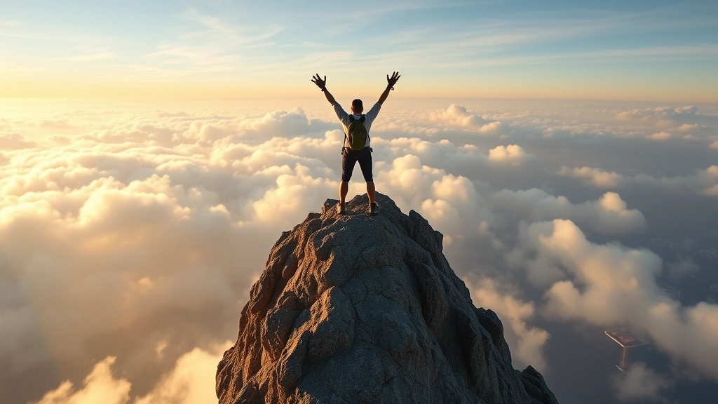 A skilled climber at the summit of a massive floating sky island, arms raised in victory, ethereal clouds surrounding the peak, breathtaking vista of floating platforms below, golden hour lighting, celebratory pose