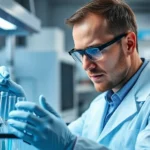 Scientist in modern laboratory examining test tubes and samples with focused concentration, photorealistic professional setting with equipment visible in background