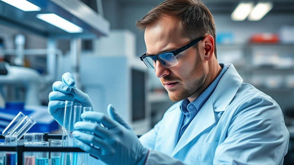 Scientist in modern laboratory examining test tubes and samples with focused concentration, photorealistic professional setting with equipment visible in background