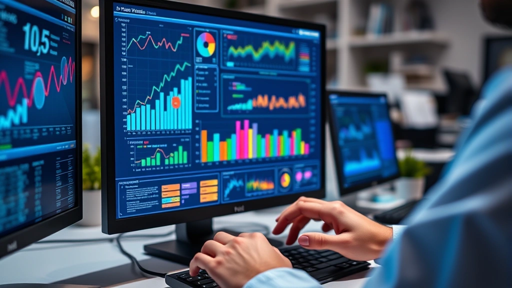 Computer monitor displaying colorful data visualization graphs and statistics, researcher's hands on keyboard analyzing pharmaceutical trial results, office environment