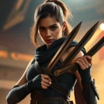 Young female warrior in sleek tactical gear holding multiple throwing knives, standing in dramatic arena lighting with intense focus expression, photorealistic cinematic style, no text or UI elements