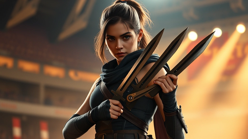 Young female warrior in sleek tactical gear holding multiple throwing knives, standing in dramatic arena lighting with intense focus expression, photorealistic cinematic style, no text or UI elements
