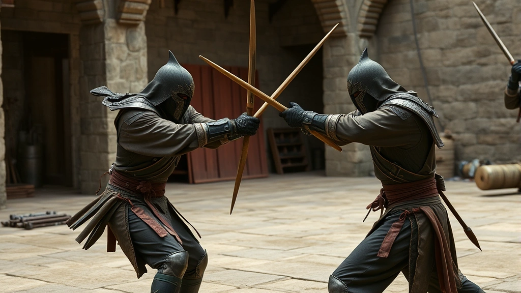 Two skilled tributes training together in a stone district facility with weapons and combat equipment visible, practicing fighting techniques with intensity and precision, photorealistic athletic scene