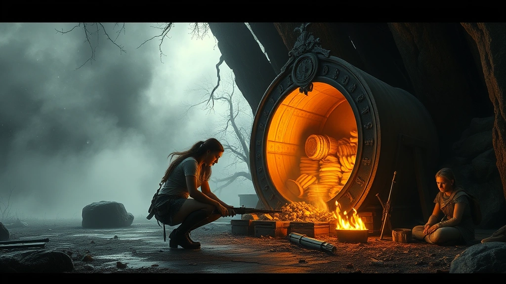 Female tribute crouched near golden cornucopia supply repository in misty arena environment, alert and dangerous with weapons ready, photorealistic survival scenario, dramatic atmospheric lighting