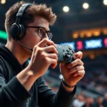 Professional esports player gripping Xbox controller intensely during competitive college basketball game match, stadium arena background with crowd blur, dramatic lighting emphasizing focus and concentration