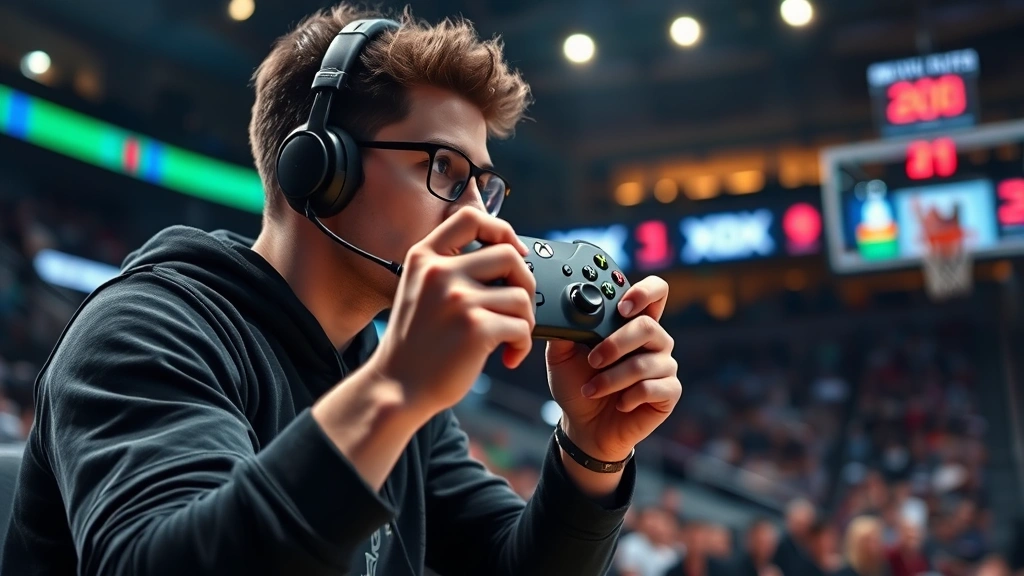 Professional esports player gripping Xbox controller intensely during competitive college basketball game match, stadium arena background with crowd blur, dramatic lighting emphasizing focus and concentration