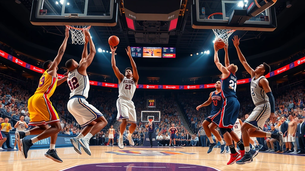 Split-screen showing college basketball game character models in authentic uniforms performing dynamic dunks and defensive plays, vibrant arena lighting with crowd energy visible, photorealistic graphics showcase