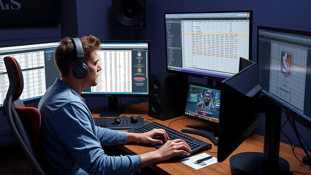 Gamer sitting at gaming PC setup with multiple monitors displaying college basketball dynasty management screens, spreadsheets showing recruit stats and team rosters, immersive gaming environment