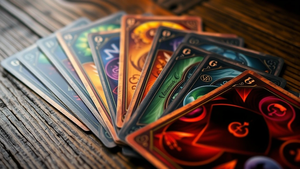 Close-up of colorful potion ingredient cards fanned out on a wooden table with mystical alchemical symbols glowing softly, natural lighting highlighting card details and textures