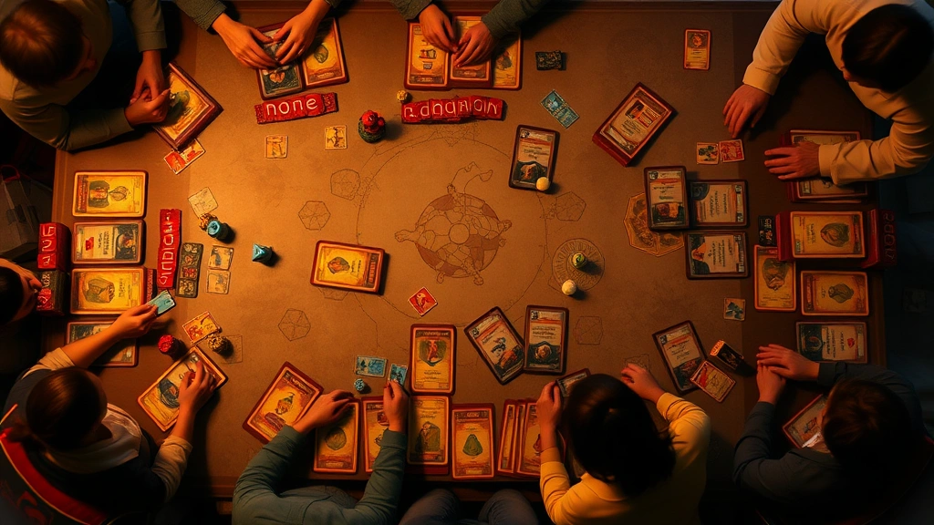 Top-down view of active game in progress showing player boards, resource tokens, and marketplace cards arranged during mid-game, warm ambient lighting creating immersive atmosphere