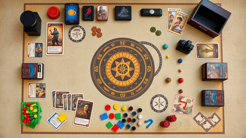 Overhead shot of completed game setup with all components organized, featuring cards, tokens, and player pieces arranged artistically on gaming surface with soft focus background