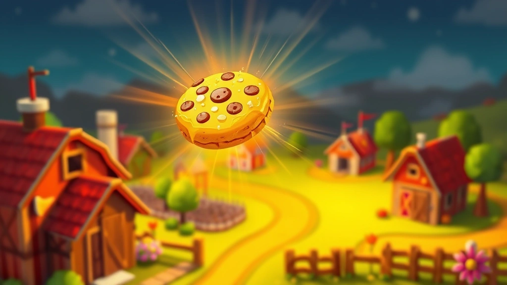 Close-up of glowing golden cookie hovering above pixel-art farm buildings in Cookie Clicker game world, warm light rays emanating from cookie, vibrant colors