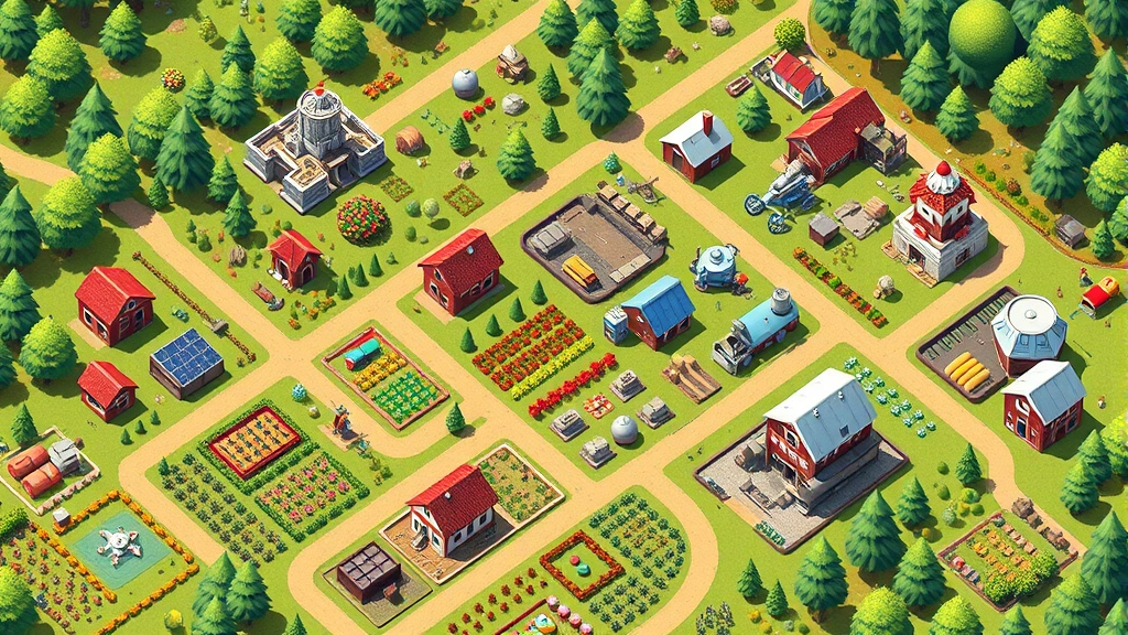 Overhead view of colorful pixel-art buildings and structures in Cookie Clicker garden landscape, multiple farms and factories arranged in rows, sunny daylight