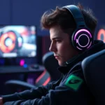 Professional gamer in gaming chair with RGB lighting, intense concentration during competitive match, high-end gaming PC setup visible in background, photorealistic photography