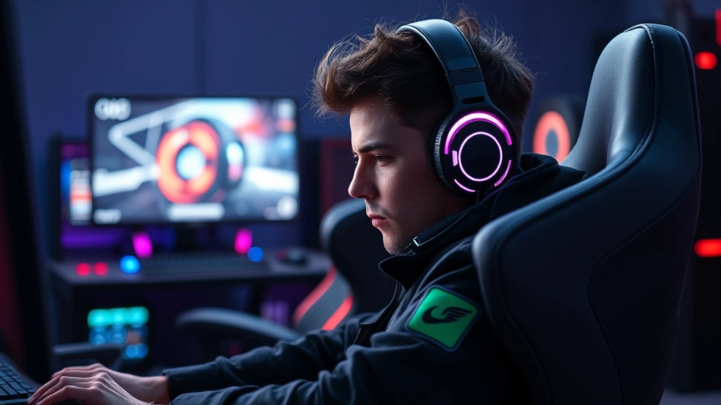 Professional gamer in gaming chair with RGB lighting, intense concentration during competitive match, high-end gaming PC setup visible in background, photorealistic photography