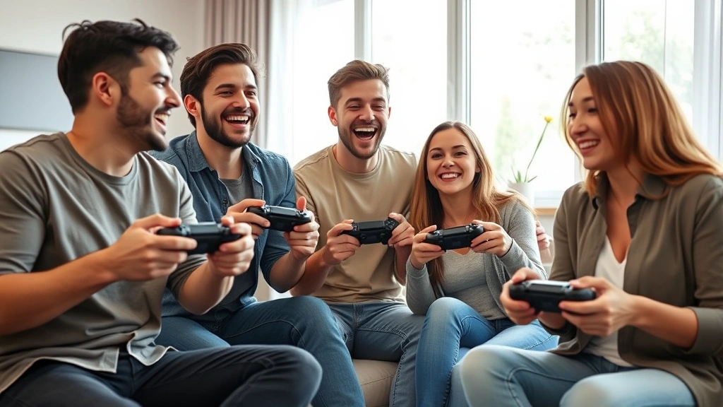 Diverse group of friends laughing while holding controllers playing co-op game together in modern living room, natural daylight, candid moment, photorealistic