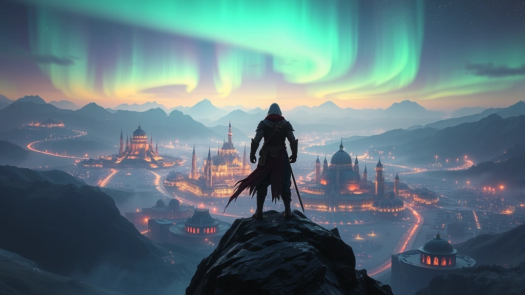 Epic fantasy RPG character standing on mountain cliff overlooking sprawling magical kingdom landscape with glowing cities and mystical aurora sky, photorealistic fantasy art style