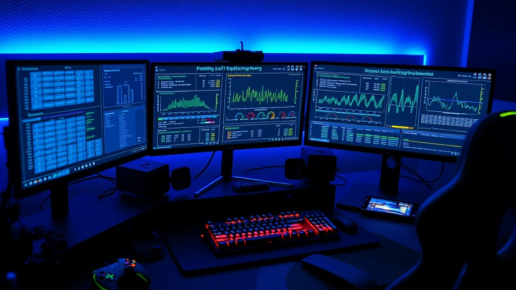 Advanced gaming setup with multiple monitors displaying complex spreadsheets and optimization charts, cool blue lighting, gaming peripherals visible, mathematical data visualization on screens