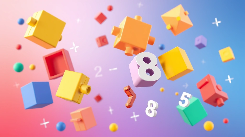Colorful abstract geometric shapes and numbers floating in digital space, representing mathematical concepts, vibrant gradient background, 3D rendered puzzle pieces and equation symbols, clean modern aesthetic