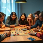 Group of diverse friends gathered around wooden table playing strategic board game with colorful game pieces and dice, warm indoor lighting, focused expressions, mid-game moment