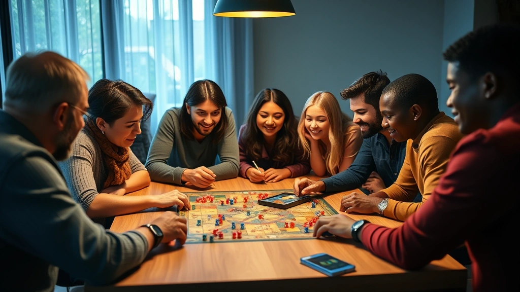 Group of diverse friends gathered around wooden table playing strategic board game with colorful game pieces and dice, warm indoor lighting, focused expressions, mid-game moment