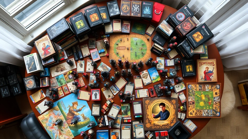 Top-down view of multiple board games spread across table including miniatures, cards, and game boards, natural daylight from window, various game components in organized chaos