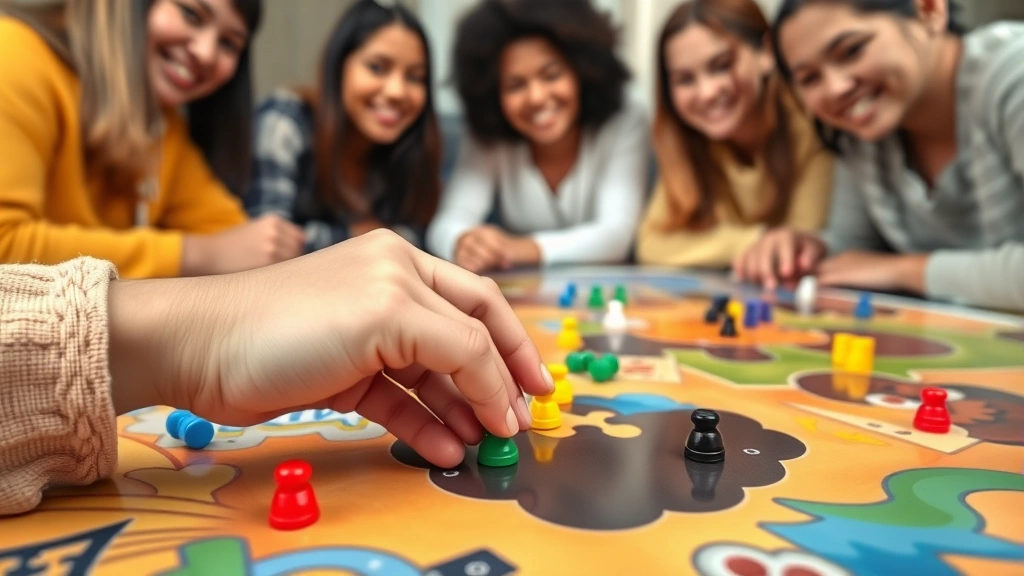 Close-up of hands placing game tokens on board during cooperative gameplay, diverse group members in background, vibrant game components, collaborative moment with genuine smiles