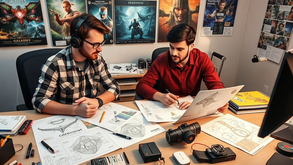 Two game developers collaborating at a desk with concept art and design documents spread out, discussing game mechanics with sketches and prototypes visible, creative workspace with gaming posters, photorealistic, no text on documents