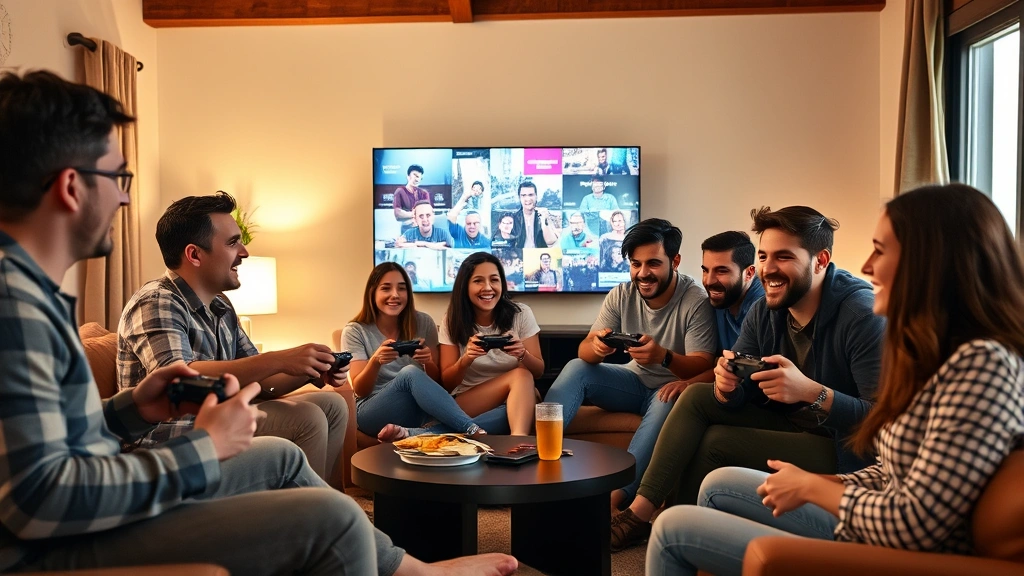 A diverse group of gamers playing together in a living room on a large screen, laughing and engaged, holding controllers, casual gaming atmosphere with snacks and drinks, warm lighting, photorealistic, no game HUD or menus visible