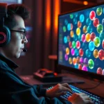 Professional esports player in gaming chair intensely focused on large monitor displaying colorful puzzle game with glowing ball mechanics, dramatic lighting, sweat visible on concentration, RGB keyboard and gaming headset