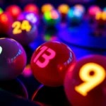 Close-up of colorful numbered spheres glowing on a dark circular gaming board, vibrant neon colors reflecting off smooth ball surfaces, dynamic lighting creating depth