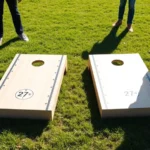 Professional cornhole boards set up outdoors on grass during daytime, showing regulation 27-foot spacing between two boards with people standing at throwing positions, natural sunlight highlighting the board setup and playing area
