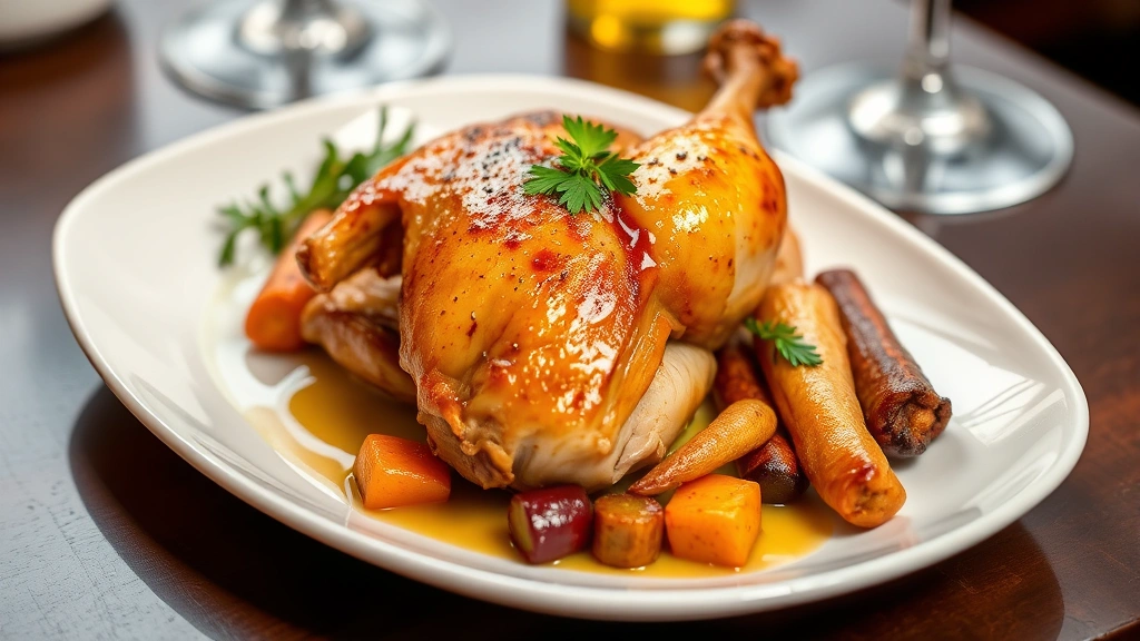 Golden-brown roasted Cornish game hen on white porcelain plate with roasted root vegetables, fresh herb garnish, glistening with butter glaze, professional restaurant plating, warm lighting