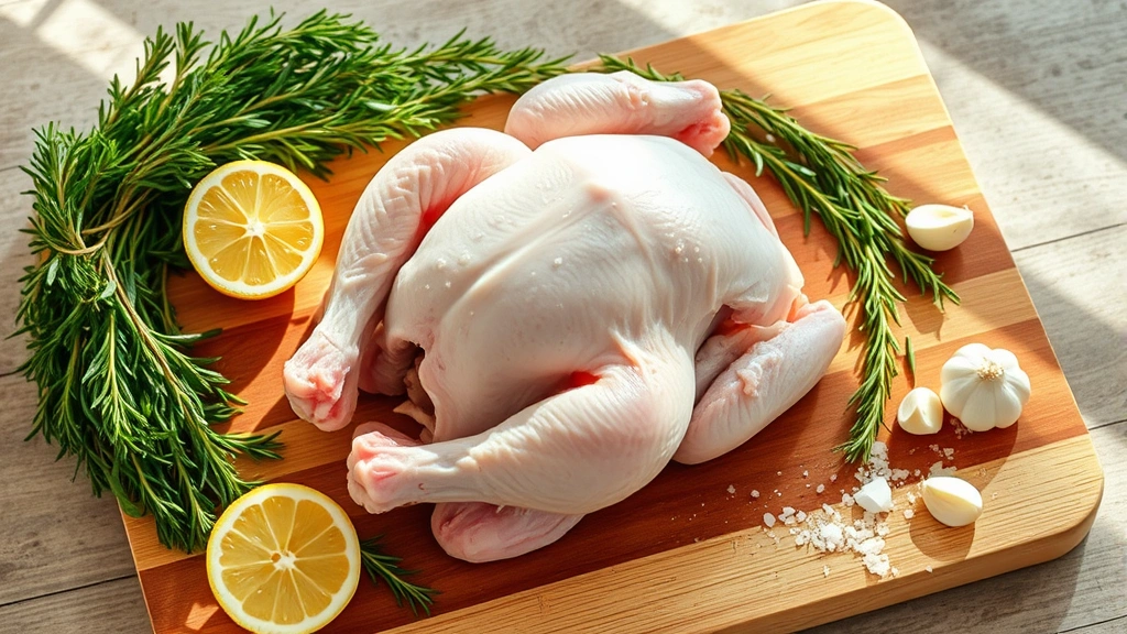 Raw Cornish game hen on wooden cutting board with fresh rosemary, thyme, lemon halves, garlic cloves, and sea salt scattered around, natural daylight streaming across preparation surface