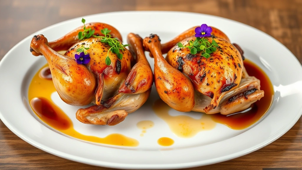Two perfectly roasted Cornish game hens side-by-side on elegant white platter, garnished with microgreens and edible flowers, surrounded by pan sauce drizzle, professional culinary photography, shallow depth of field