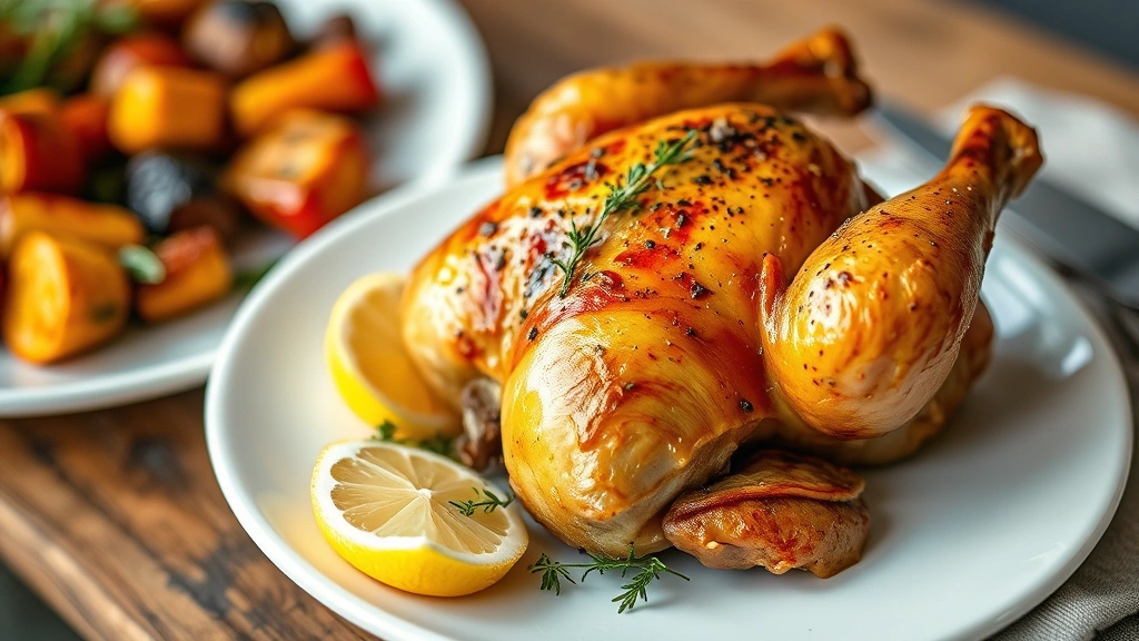 Golden-brown herb-roasted Cornish game hen on white plate with fresh thyme garnish, lemon wedges, and roasted vegetables, professional food photography, warm lighting, shallow depth of field