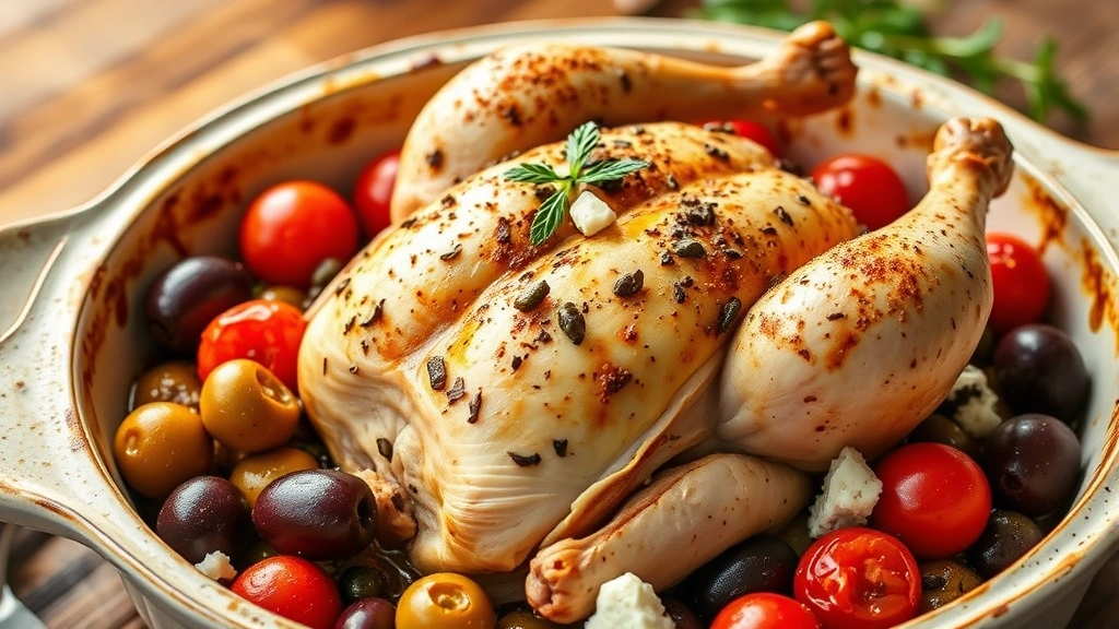 Mediterranean-style Cornish game hen surrounded by kalamata olives, cherry tomatoes, capers, and feta cheese in rustic ceramic baking dish, vibrant colors, natural daylight, restaurant-quality presentation
