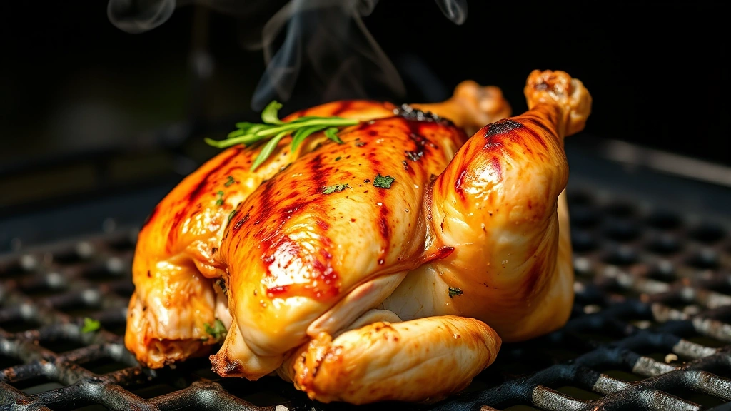 Perfectly grilled spatchcocked Cornish game hen with charred grill marks, glistening skin, fresh herbs, and smoke wisping above, outdoor grilling setting, dramatic lighting, appetizing golden-brown exterior