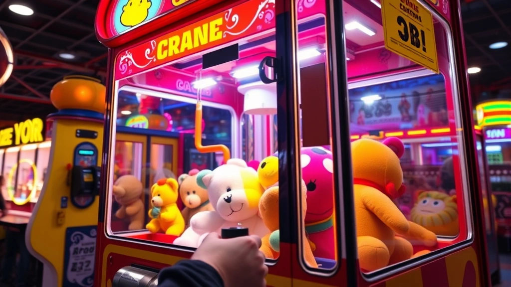 Colorful arcade crane game machine with bright LED lights and plush prizes visible through glass cabinet, photorealistic arcade environment with player's hand on joystick, vibrant carnival atmosphere