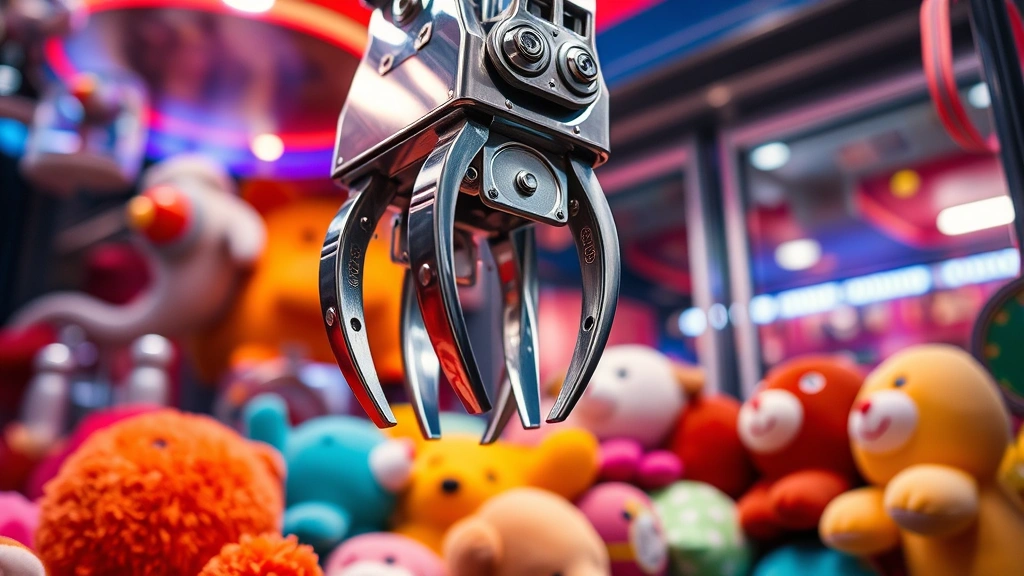 Close-up of mechanical claw descending toward colorful stuffed animals and prizes inside arcade machine, precise metallic claw fingers with detailed mechanism visible, gaming environment lighting