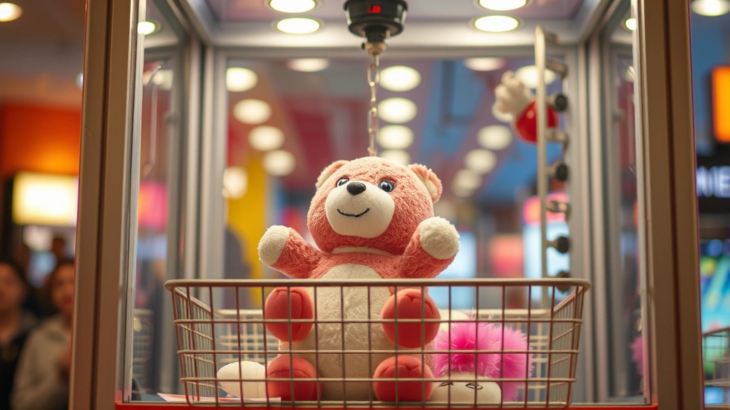 Triumphant moment of prize being successfully dropped into collection bin at bottom of crane game machine, plush toy in metal grate, warm arcade lighting with blurred background