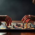 Two players intensely focused on Crossfire board game match, hands positioned over magnetic pieces on the playing field, dramatic side lighting highlighting concentration and competitive energy